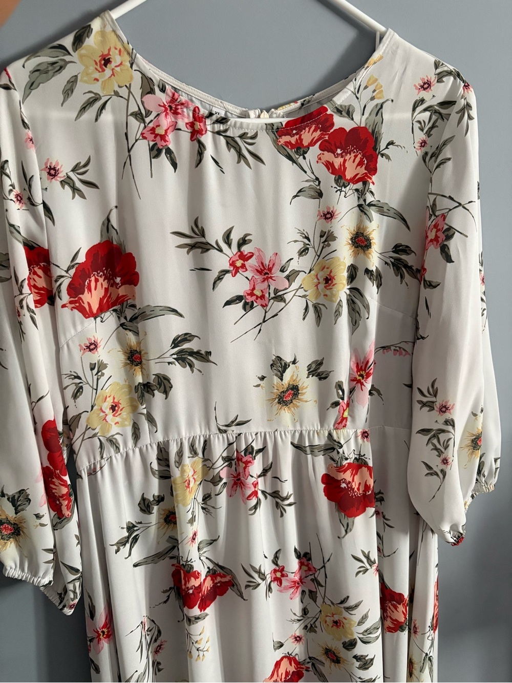 Ivory Floral Maxi Dress with Red & Yellow Blooms